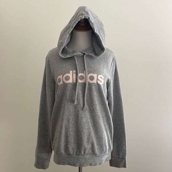 Adidas grey pull over hooded sweatshirt pockets pale pink lettering size M - Picture 1 of 6